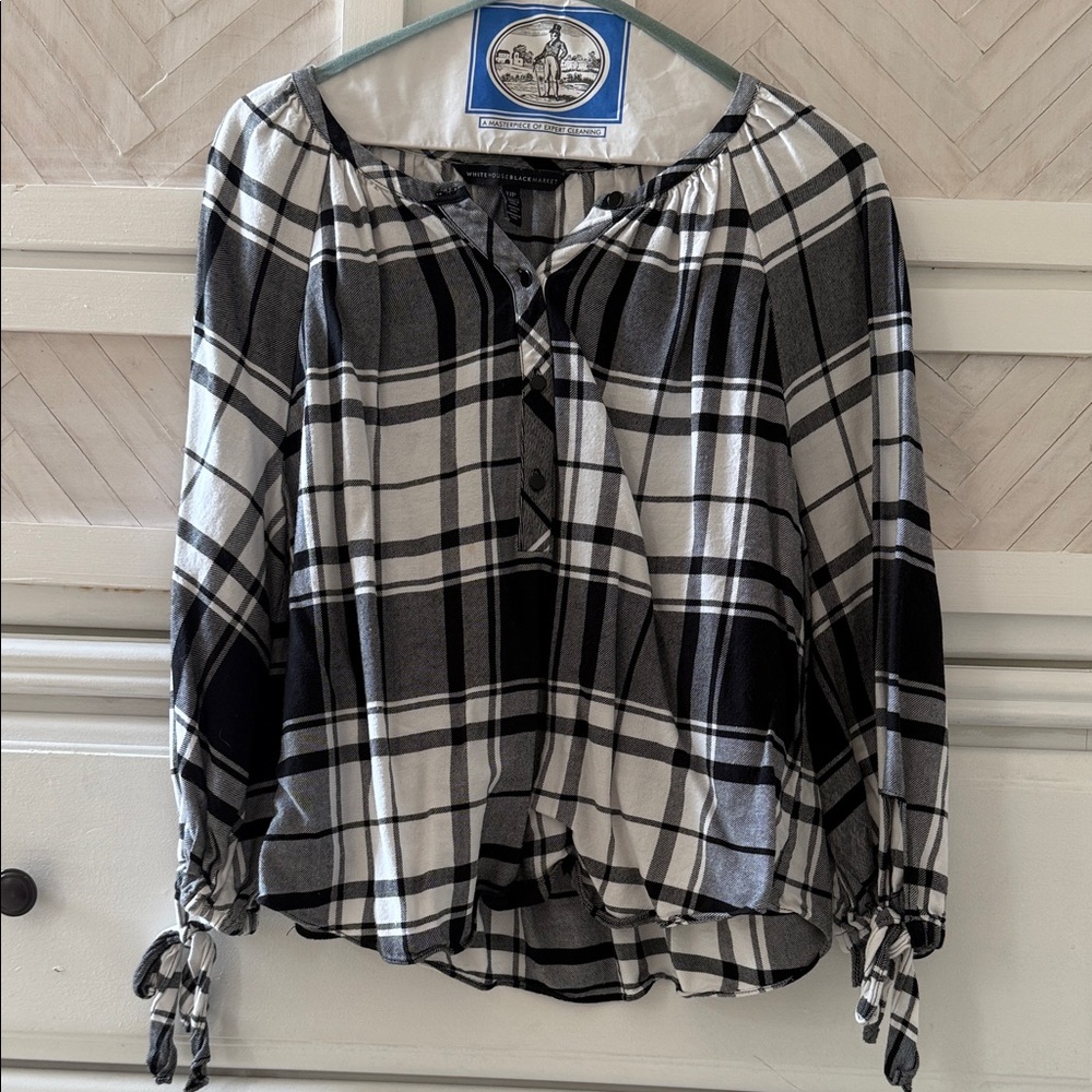 White House Black Market Checkered Blouse with Tie Sleeves
